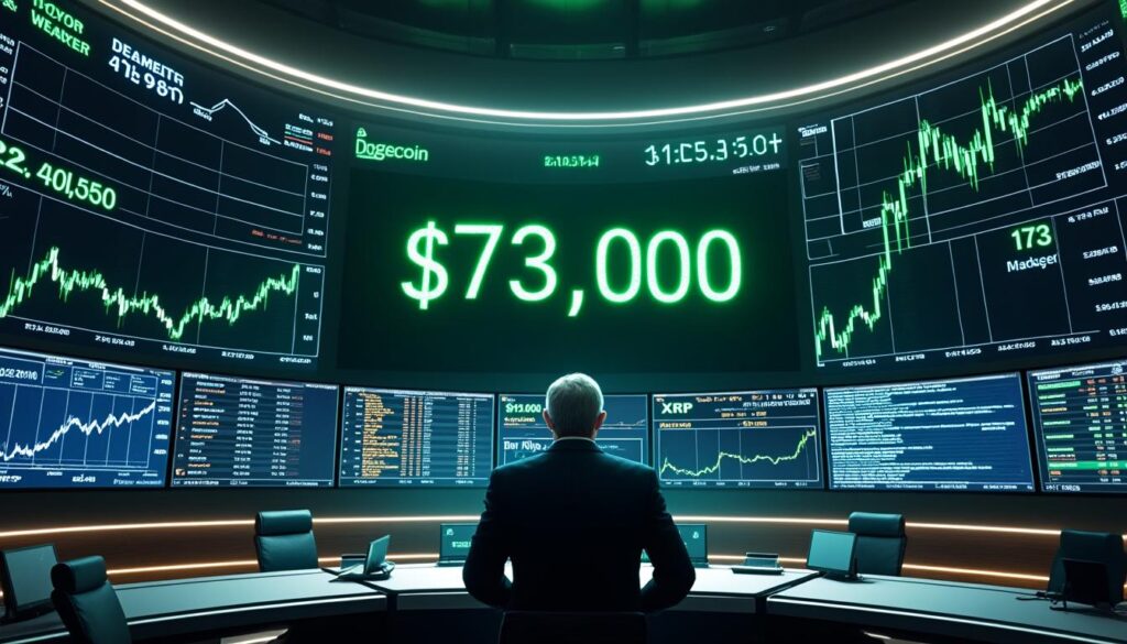 bitcoin atteint un sommet de 73 000 $ alors qu’ethereum, xrp et dogecoin restent stables en attendant les déclarations de powell.