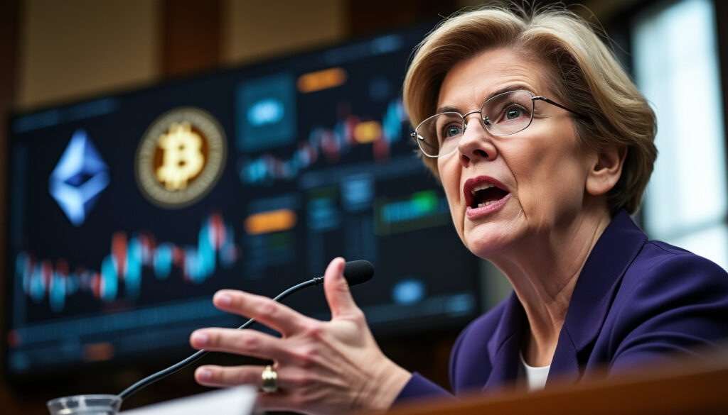 elizabeth warren dénonce les profits considérables réalisés par trump dans la cryptomonnaie et s’inquiète de l’explosion de l’activité digitale liée à ce secteur.