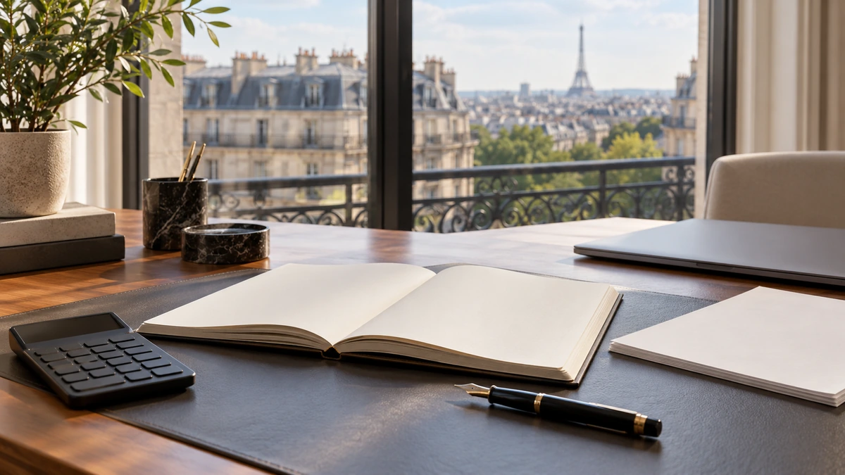 Bureau parisien avec cahier, calculatrice et vue sur la tour Eiffel