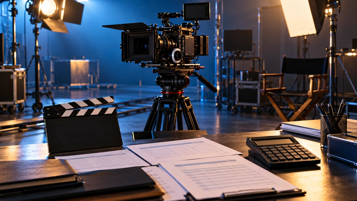 Plateau de production audiovisuelle avec caméra, clap et documents comptables
